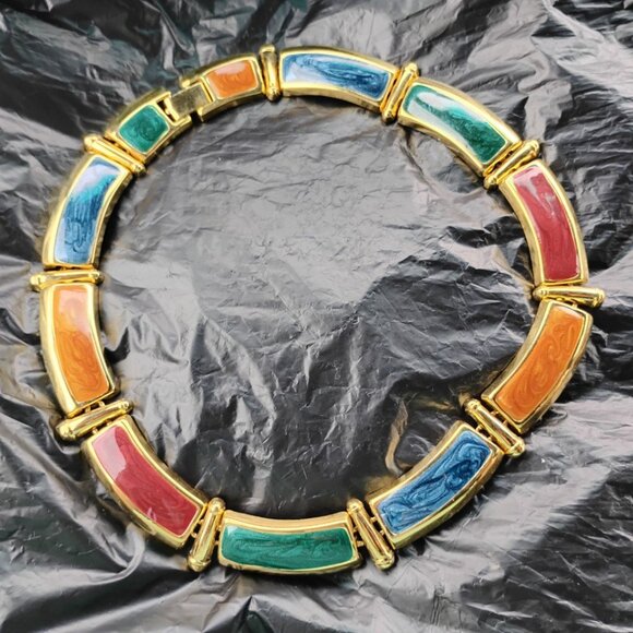 Enamel Multicolor Gold Accents Rectangular Shapes Necklace Chocker - Picture 4 of 11